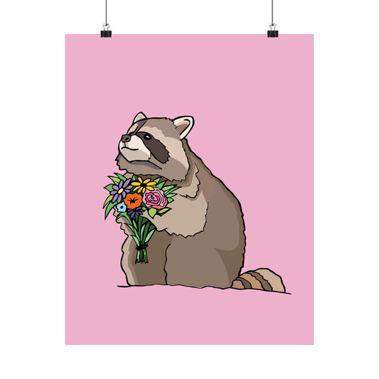 Raccoon With Flowers (Pink) - Premium Matte Print